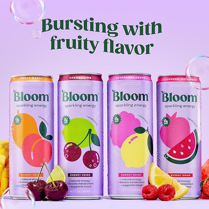 Bebida energética con gas Bloom Nutrition - 355 ml (12 latas)